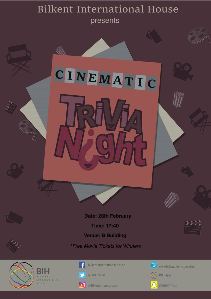 Hey everyone! We'll be hosting a Cinematic Trivia Night on the 28th of February, at B-206. The Winners of the Trivia night will receive free tickets, so join us for a great event full of interesting questions, refreshments and a tense competition.