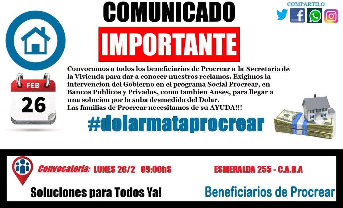 Beneficiarios del Plan Social Procrear se convocan este Lunes 26/02 a las 9 Am en la Secretaria de la Vivienda C.A.B.A  (Esmeralda 255) <a href="/diarioR/">Diario Registrado</a> <a href="/NotidelaCosta/">noticias de la costa</a> <a href="/Notidelagente/">Noticiero de la gent</a> <a href="/NAagencia/">Noticias Argentinas</a> <a href="/Cris_noticias/">Cristina Perez</a> <a href="/NoticiasUno/">Noticias Uno</a> <a href="/3DGames/">3DGames</a> <a href="/cteshoyradio/">Maya💜</a> <a href="/guillermozysman/">Guillermo Zysman</a> <a href="/noticiastdfOK/">Noticias TDF</a>