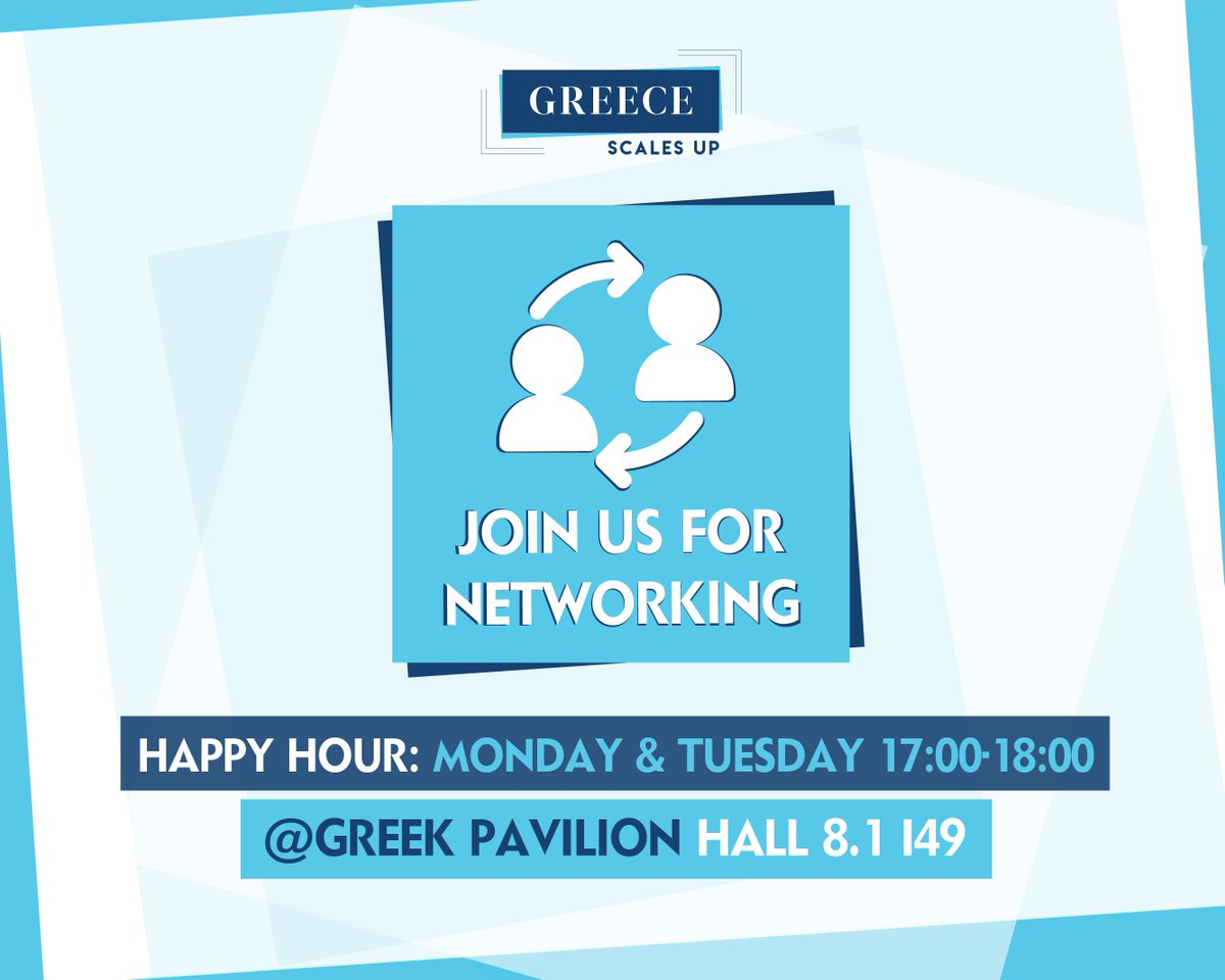 Join us on Monday 26/02 &amp; Tuesday 27/02 17:00 -18:00 pm
at Greek Pavilion 🇬🇷 for networking 
👉 Hall 8.1 I49
#GreeceMWC #MWC18 #Greecescalesup