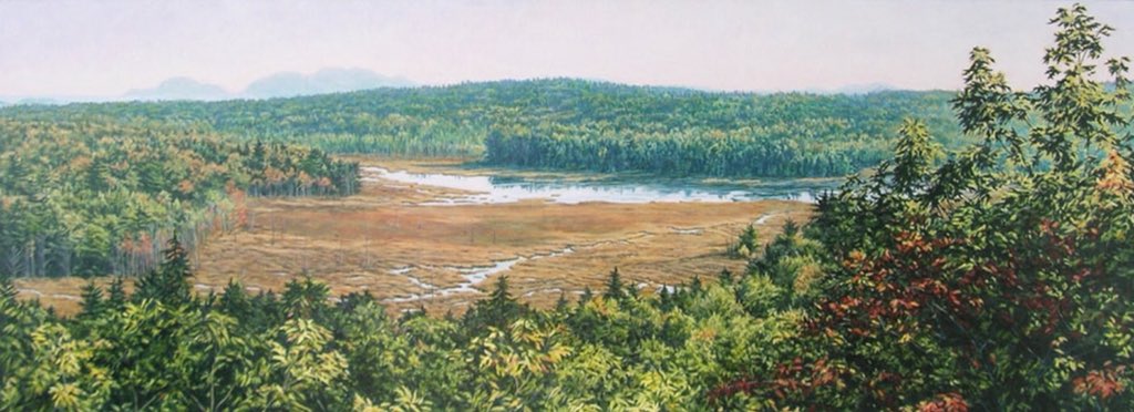 tantrumette's tweet photo. Acadia National Park from the north, hard to imagine a black oil slick creeping into these pristine bays and harbors, but drilling off our Maine coast could make that happen. “Pemetic and Cadillac from Schoodic Mountain,” acrylic, 12” x 32”.  #SenAngusKing https://t.co/0rv01Scor0
