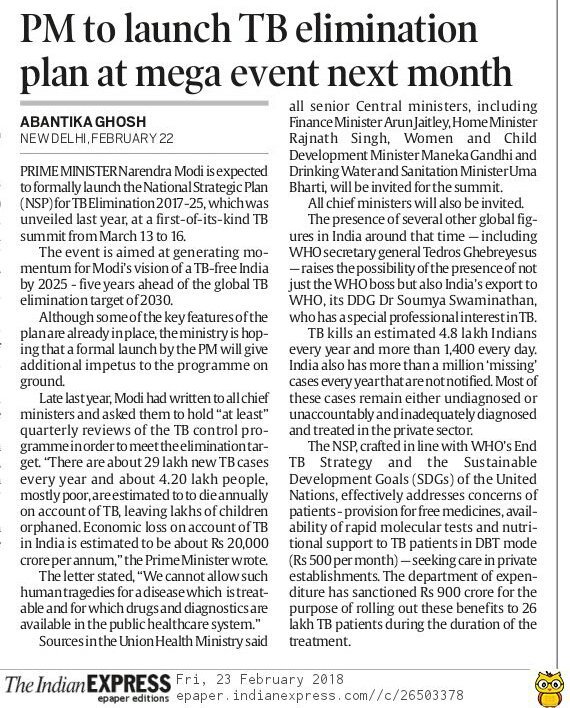 PM #Modi to launch TB elimination plan at mega event next month. The event is aimed at generating momentum for PM Modi's vision of a TB Free India by 2025 - Five year ahead of Global elimination target of 2030.
#ETGBS #TBFreeIndia 
Pl RT