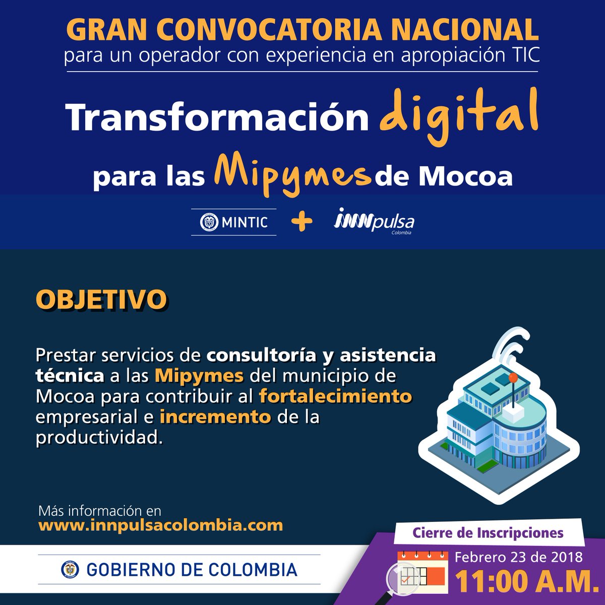 TalentoDigCol's tweet image. @Ministerio_TIC e @InnpulsaCol amplían plazo de inscripción a convocatoria hasta el 23 de febrero para seleccionar una empresa especialista en #TransformaciónDigital que fortalezca la productividad de 200 #Mipymes en Mocoa. → bit.ly/2E3BGsY #TodosConMocoa