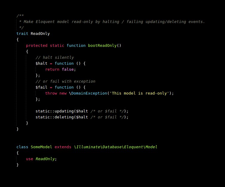 SOFTonSOFA's tweet photo. #30daysWithEloquent

Sometimes you need your models to be immutable/read-only - you can still use all the Eloquent power by using simple trait  

with @laravelphp programming can be pure pleasure  🤩🤩🤩 https://t.co/c1AJitvygZ