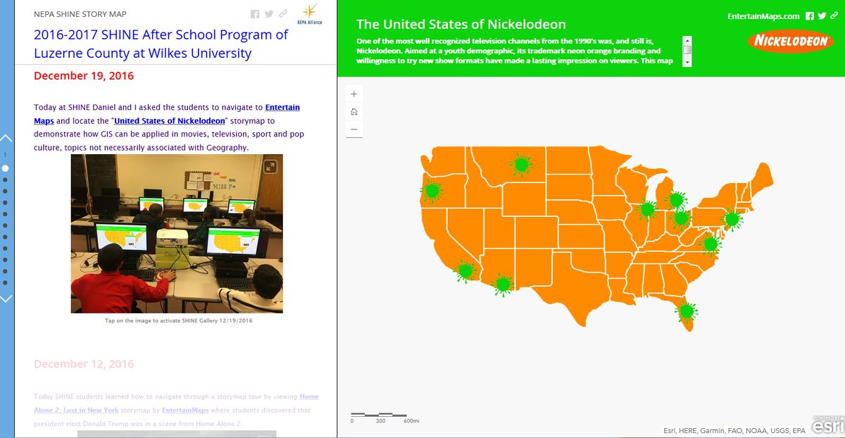 nettiequette's tweet photo. @EntertainMaps @Nickelodeon @EsriStoryMaps @Esri December 19, 2016 #flashback to #NEPA @AAGGeoMentors introducing @shine123_abc @afterschool4all students in Luzerne County, PA to #GIS #STEM via The United States of Nickelodeon https://t.co/K2BIhkpaJP entry #15 on the #SHINE storymap @SenJohnYudichak #flashmapfriday https://t.co/vVEJ27aNR5