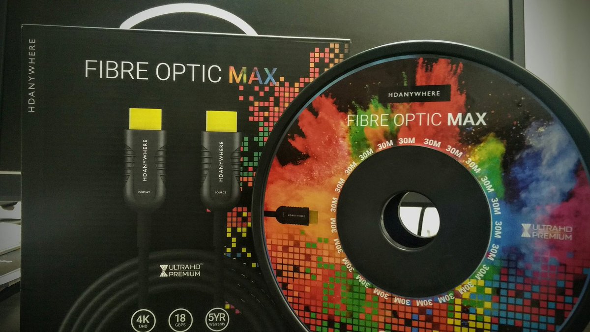 HDANYWHERE's tweet photo. BRAND NEW Fibre Optic MAX cables available to order today! Carry HDMI / 18Gbps / 4K UHD up to a staggering 100m away from source. https://t.co/XSEbQ1I1dz