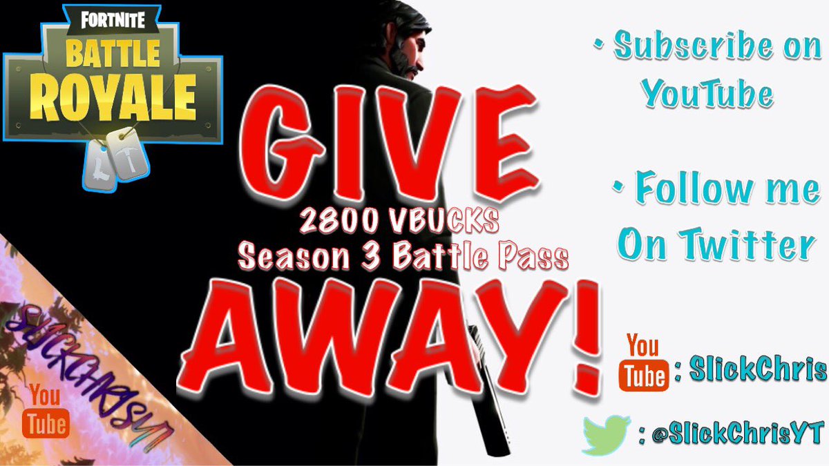 SlickChrisYT's tweet image. YO! Massive GIVEAWAY!
• 2800 VBUCKS
• Season 3 Battle Pass

🚨 $35 VALUE! 🚨 

You must:
• Retweet this post 
• Follow my Twitter! ( This account )

Optional if you’d like to subscribe to my YT Channel! Link in my bio.

Giveaway happening February 26th!
&amp;amp; yes, this is real.