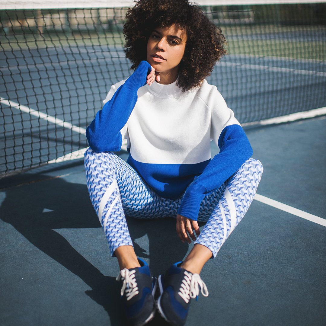 Tory Sport on X: .@GrasieMercedes in our viscose color-block sweater and  printed 7/8 chevron leggings, inspired by David Hicks' energetic patterns   / X