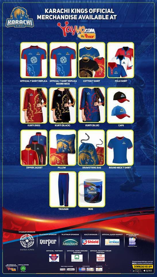 KarachiKingsARY's tweet photo. Karachi Kings official merchandise is now available on https://t.co/ZGvy4NpQ7R 😍
Click on the link and buy your favorite KK stuff now 
https://t.co/jQWeAjyG8c
#KarachiKings #DeDhanaDhan #SupportKK #officailmerchandise #Yayvocricketfestival18 
#Upgradeyourscreen #Wearyourteam https://t.co/B59EGsHhfF