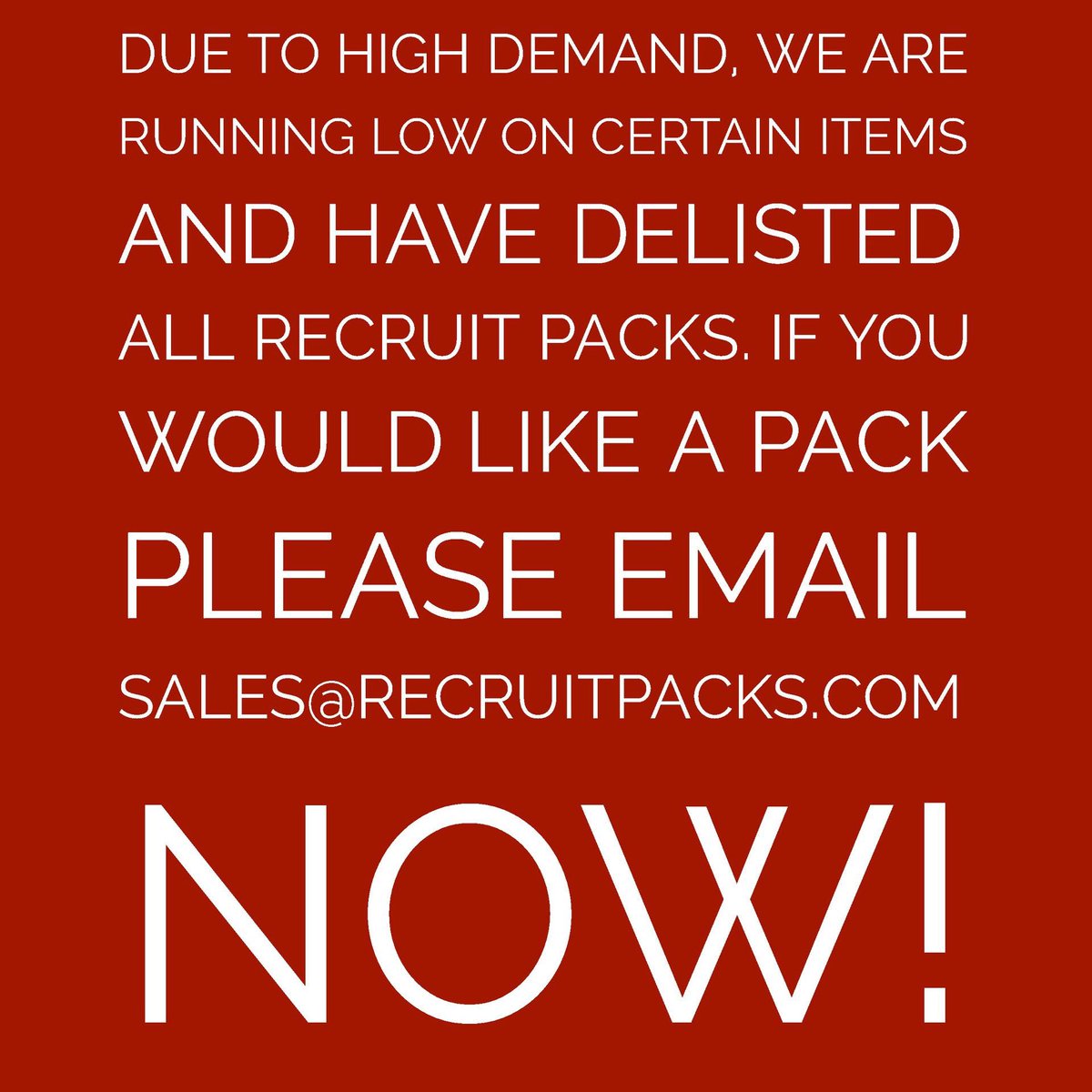 RecruitPacks's tweet photo. Thanks so much for all of the orders guys.

We're rushed off of our feet and running low on certain products.

We don't want to drop our level of service, so we've delisted our Recruit Packs for now.

If you've already ordered, don't panic. We're working on them. https://t.co/qdFUOIimBB