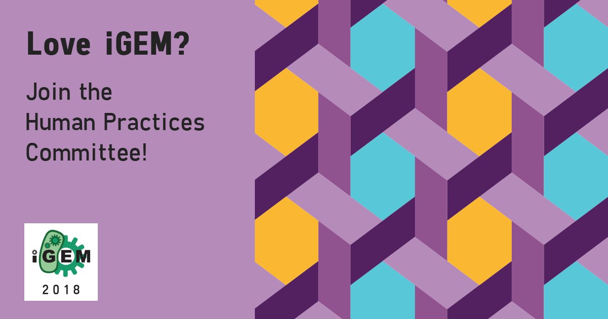 iGEM's tweet image. Love #iGEM? 
Want to ensure that synthetic biology projects are safe, responsible and good for the world? Apply to serve on iGEM’s #HumanPractices Committee! 2018.igem.org/Human_Practice…