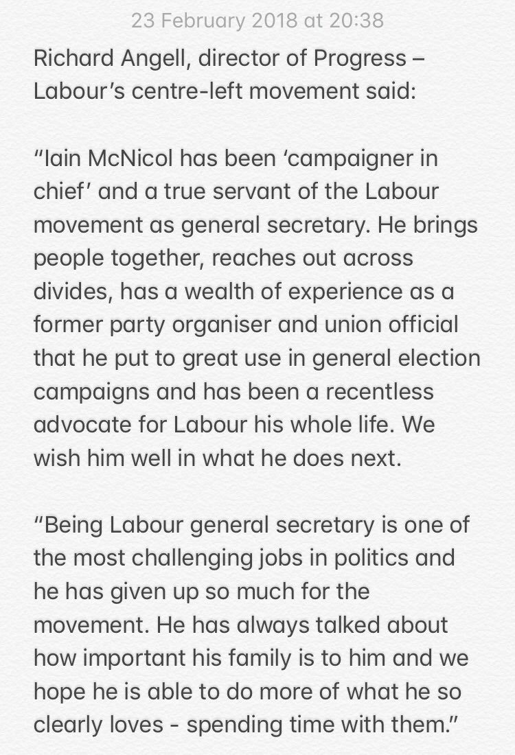progbrit's tweet photo. ‘@IainMcNicol has been “campaigner in chief” and a true servant of the Labour movement as general secretary’, said @RichardAngell, director of Progress https://t.co/ts6PNMDvW5