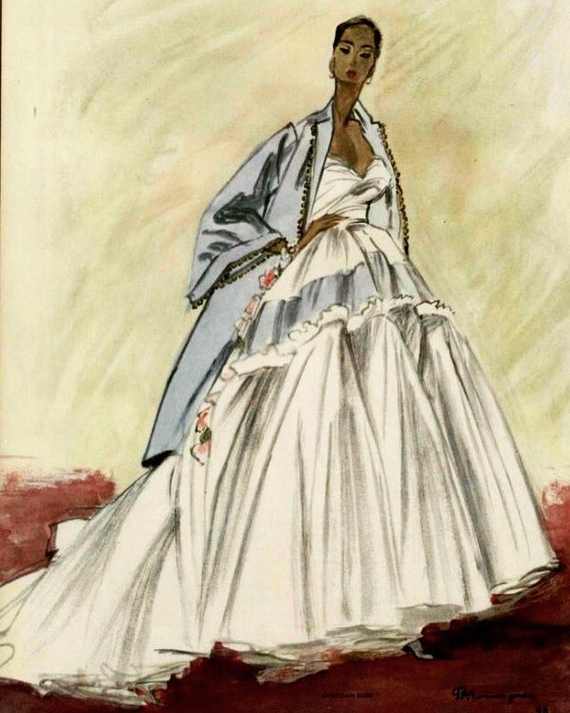 Christian Dior's post-war New Look designs were all about volume and  classic femininity, as perfectly encompassed in this 1948 evening gown  design, illustrated by Pierre Mourgue. #vintage #fashion #illustration