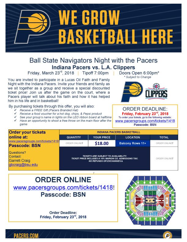 BallStateNavs's tweet photo. Don't forget to get your tickets for the Pacers game! Today is the LAST DAY! 
Order your tickets online at
https://t.co/m2GFwUQtLt
with the passcode: BSN!
Hope to see you there! https://t.co/SB0NySRpX5