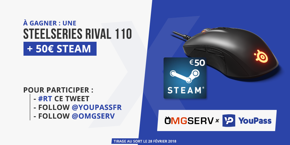 OMGSERV's tweet photo. #Concours 🔥

Une #SteelSeries Rival 110
+ 50€ #Steam à gagner ! 🖱

Pour participer :
- Follow @OMGSERV
- Follow @YouPassFR
- #RT ce Tweet https://t.co/EtNJHHzPWG