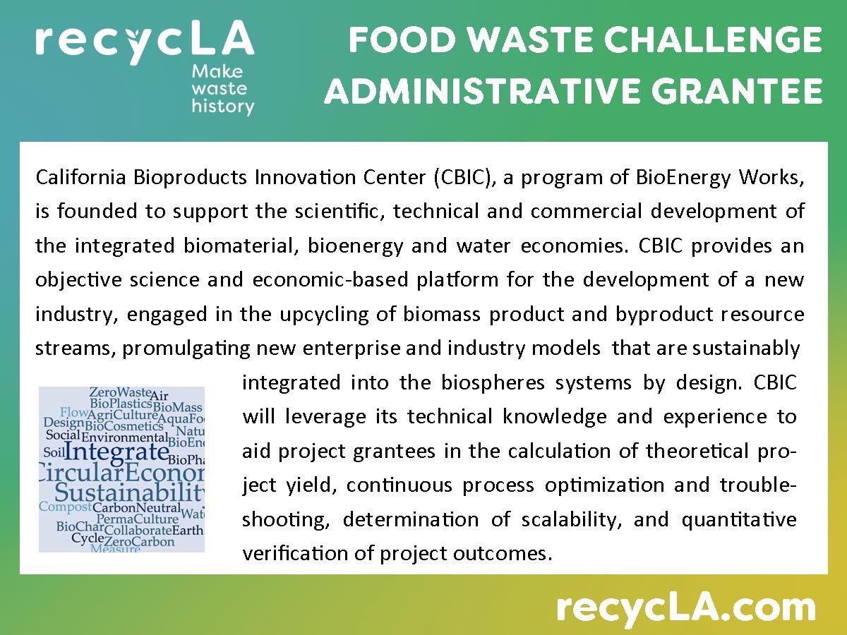 LACitySAN's tweet image. Congratulations @CBICenter, a chosen Administrative Grantee in the #FoodWasteChallenge. They curate SmartUse of organic waste &amp;amp; build partnerships to get Bioproducts market-ready. 
* 
Challenge info: bit.ly/freethefoodla 
*
#freethefoodla #organics #foodrescue #recycLA