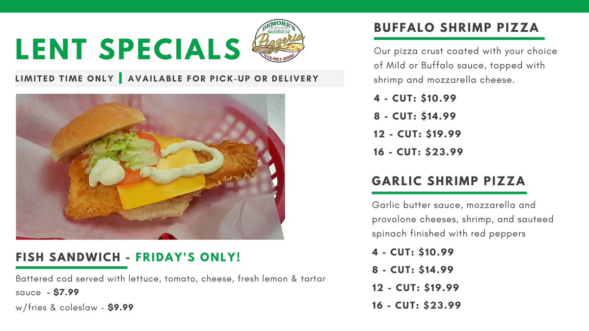 We made it to 🐟 #Friday! $7.99 #fish sandwiches every Friday during #Lent. Or try a Buffalo or Garlic Shrimp #Pizza 🍤