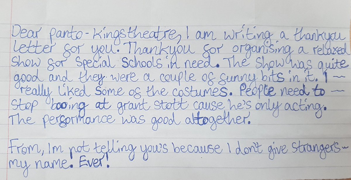 captheatres's tweet photo. Today we received a beautiful parcel full of notes from children from @KaimesSchool who attended our Panto Schools Relaxed Performance. This one made us giggle #nomorebooing @GrantStottOnAir while he's acting! https://t.co/DWpn5gdVlY