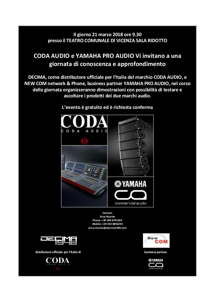 decima_srl's tweet photo. #savethedate 21 marzo ore 9.30 Sala Ridotto Teatro Comunale di Vicenza - Demo audio con i prodotti @CodaAudioGmbH e @YamahaPAEU #decima #webuildemotions #codaaudio #yamaha https://t.co/kZ4wpxFwu5