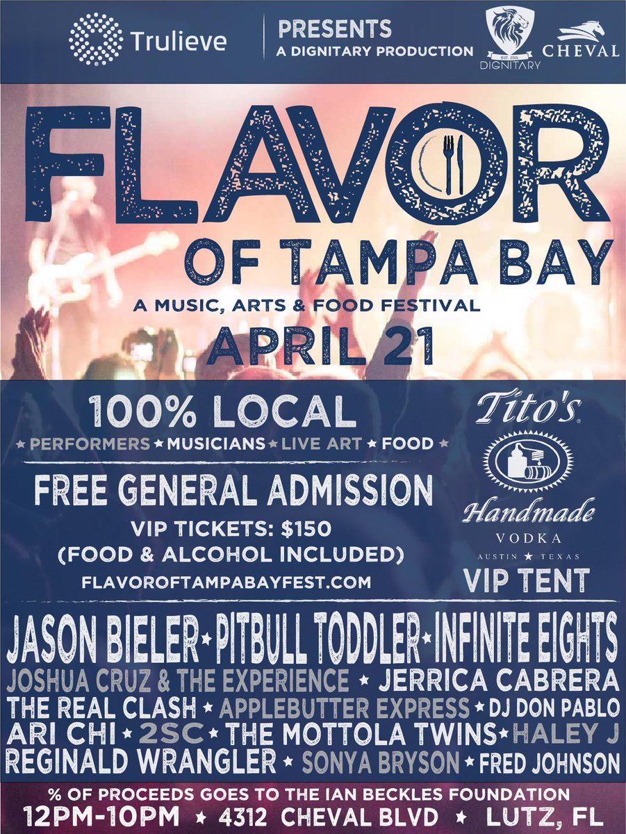 <a href="/BigIslandPoke/">Big Island Poke</a> Save the date April 21st for <a href="/FlavorofTB/">Flavor of Tampa Bay</a> first outdoor local music,food and art fest.Sponsored by TrueLieve and powered by <a href="/DignitaryLife_/">Dignitary Life</a> <a href="/StreetLacedDJs/">Street Laced DJs</a> <a href="/TitosVodka/">TitosVodka</a> and more.Headliners will be <a href="/PitbullToddler/">Pitbull Toddler</a> <a href="/jasonbieler/">Jason Bieler & The Baron Von Bielski Orchestra</a> <a href="/infiniteeights/">Infinite Eights</a> #dignitarylife