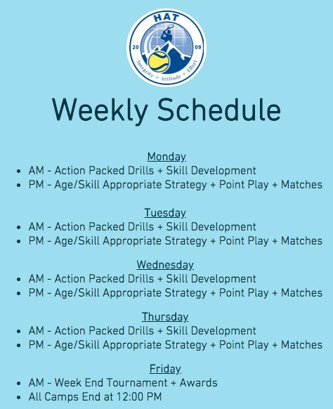 HighAltitude10s's tweet photo. HAT Summer Camp 2018 Weekly Schedule! #Highaltitude10s #Denver #Colorado #ColoradoSprings #TennisSummerCamp #SummerCamp https://t.co/f2PQrtdnMd