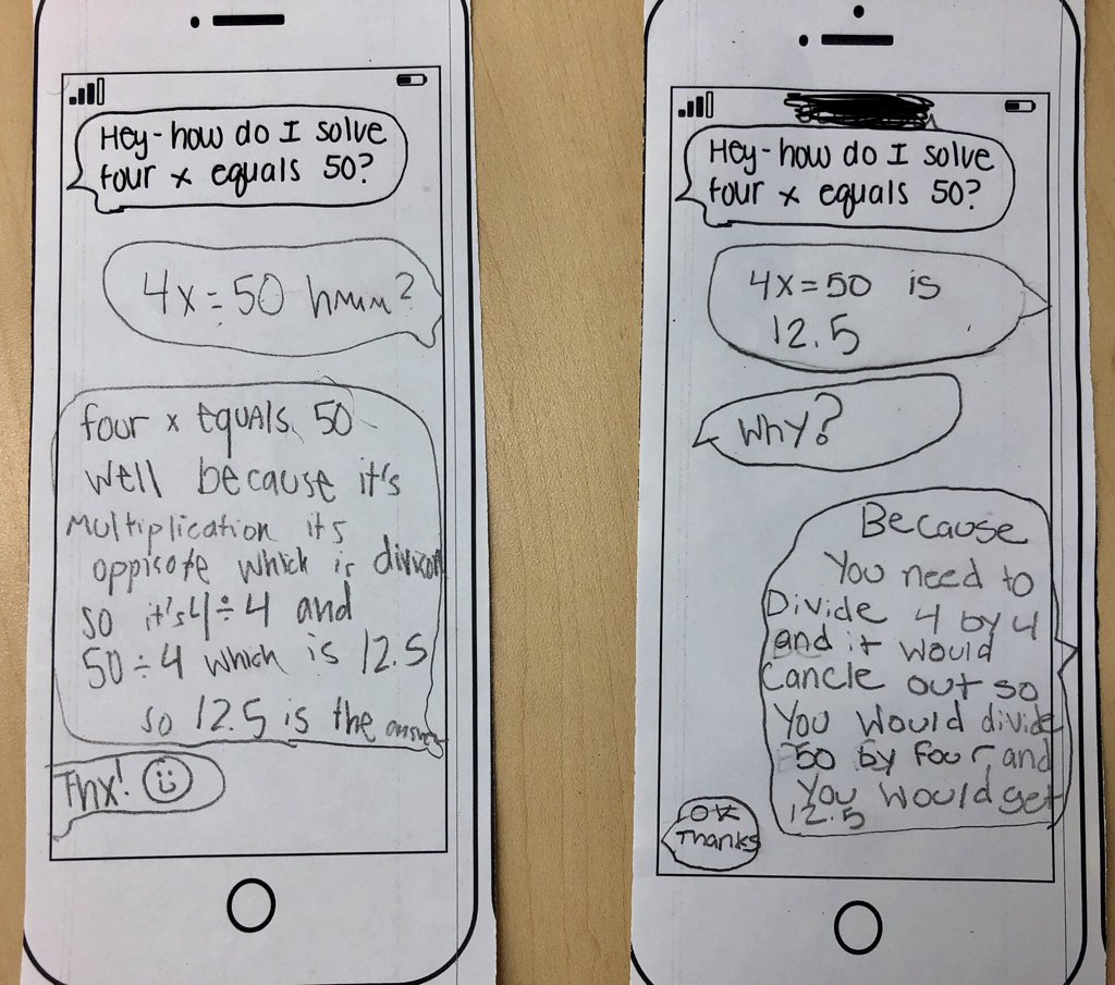mrs_wisser215's tweet photo. Text message exit slips to show our knowledge of solving equations. How would you explain the problem over text?#engage109 #teach180 https://t.co/jypGteB373