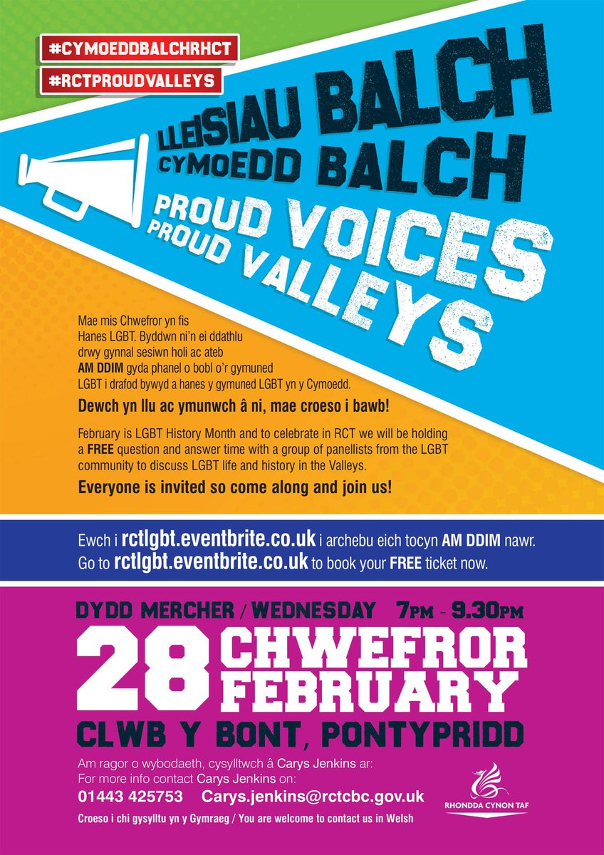 Proud Voices, Proud Valleys! Join in with our questions and answer time with our panellists from the LGBT Community to discuss LGBT life in the valleys. Book your free place by clicking here: socsi.in/tuZzl 

#RCTProudValleys