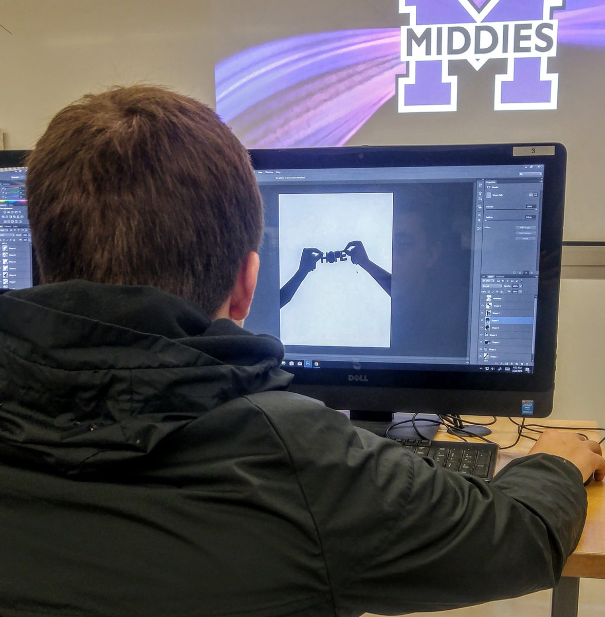 MrsRussellArt's tweet photo. Digital Art students made posters to send to Parkland, Fl. We can use our voices for change and hope. #DigitalLearningDay #MiddieRising https://t.co/lrWFuQV2CO