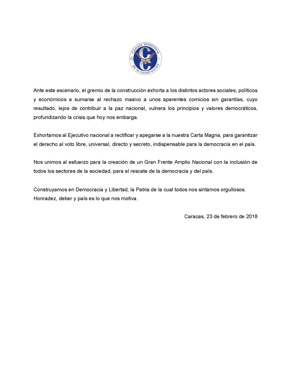 CVConstruccion's tweet photo. #ComunicadoCVC | Resulta inaceptable pretensión oficial de convocar a elecciones generales de cientos de funcionarios el #22Abril, cuando ello supone la alteración y finalización abrupta del período constitucional para el cual fue elegida la actual Asamblea Nacional https://t.co/lemvkJSGT8