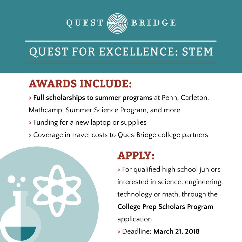 We’re looking for high school juniors with a passion in STEM fields! Students can win full scholarships to summer programs at Penn, Carleton, and Mathcamp, or funding for laptops or travel to colleges. Refer juniors today!
apply.questbridge.org/register/refer…