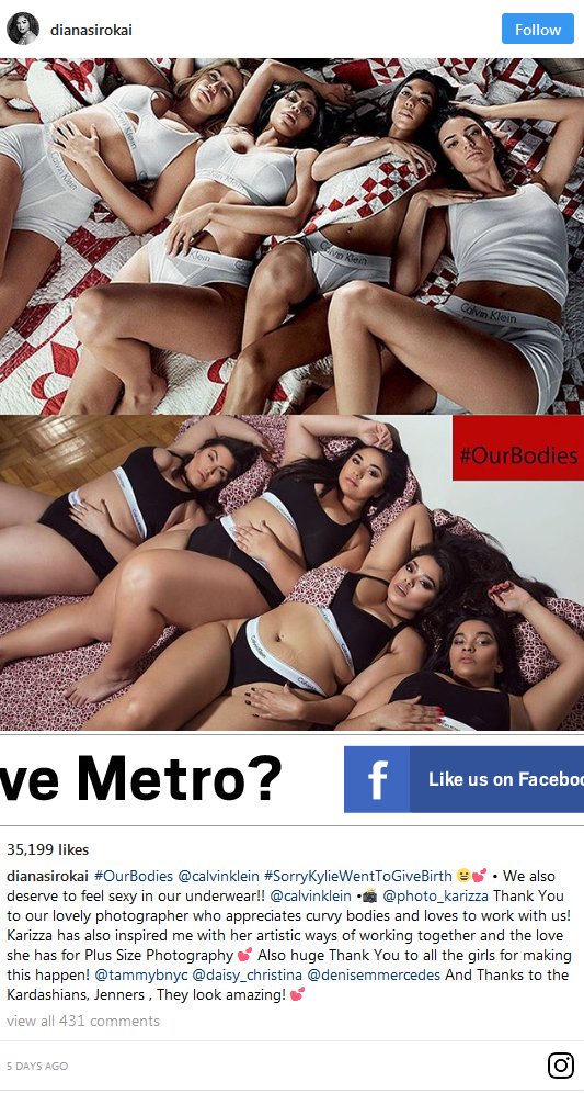 Gidi_Traffic's tweet image. "@Austynzogs: Body positive activist Diana Sirokai,who is known for speaking out about lack of representation of plus size women in fashion campaigns,has recreated the Kardashian/Jenner Calvin Klein Ad #OurBodies with fellow models,Tammy B,Daisy Christina &amp;amp; Denise Mercedes.