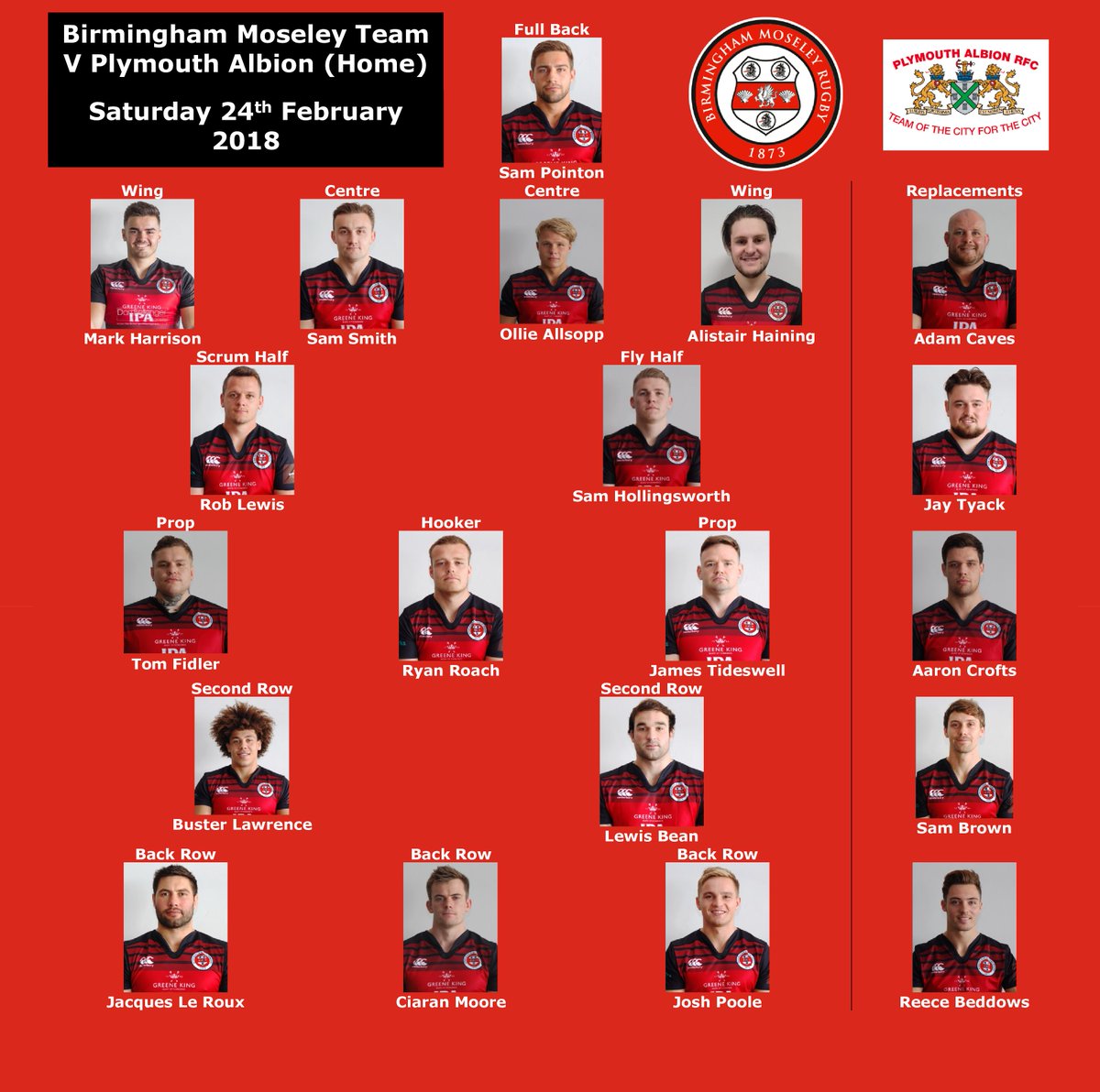 MoseleyRugbyFC's tweet photo. @MoseleyRugbyFC team for tomorrow's home game against @AlbionRFC Welcome to the squad Alistair Haining. #MOSPLY - We will of course be showing the @EnglandRugby game in the @ReddingsSuite after the game. https://t.co/mT0PGyiziO
