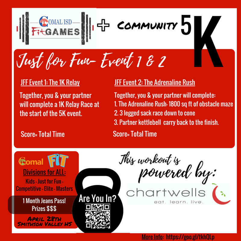 1st Comal Fit Workout Released- JFF Division! Follow @ComalFit on Twitter & Facebook to be the first in the know! Register for the Comal Fit Games Events or Community 5K by 10pm TODAY for a chance to win an HEB GIFT CARD! @cisdnews #OpenTotheCommunity #NewDivisions  #5KOnlyOption