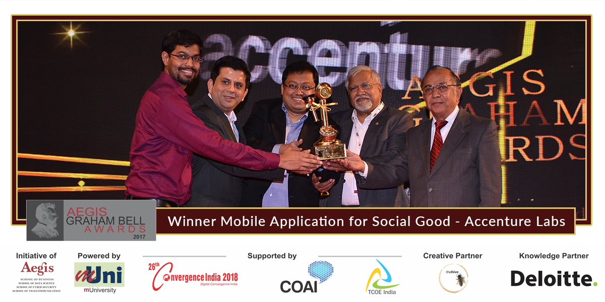 AegisGrahamBell's tweet photo. Aegis Graham Bell Awards 2017 Winner for under the category Mobile Application for Social Good is Accenture Labs #AGBA #AGBA2017 @Accenture #SocialGood https://t.co/FuvHhe97wE