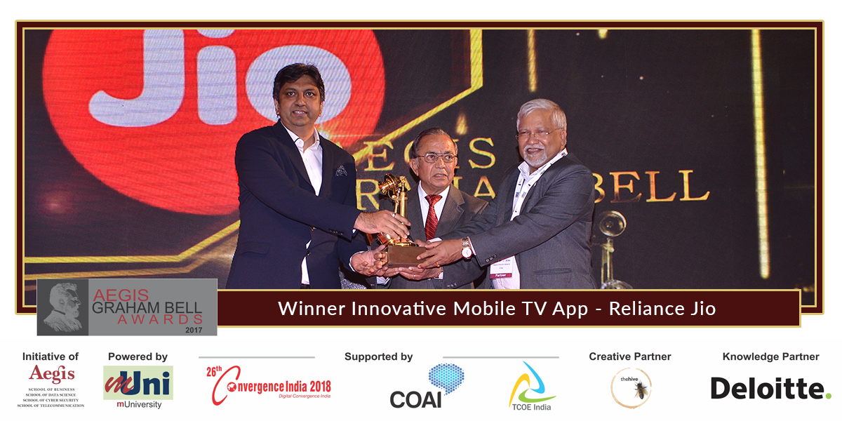 AegisGrahamBell's tweet photo. Aegis Graham Bell Awards 2017 Winner for under the category Innovative Mobile TV App is Reliance Jio #AGBA #AGBA2017 @reliancejio #MobileTV https://t.co/rI14DCbvf8
