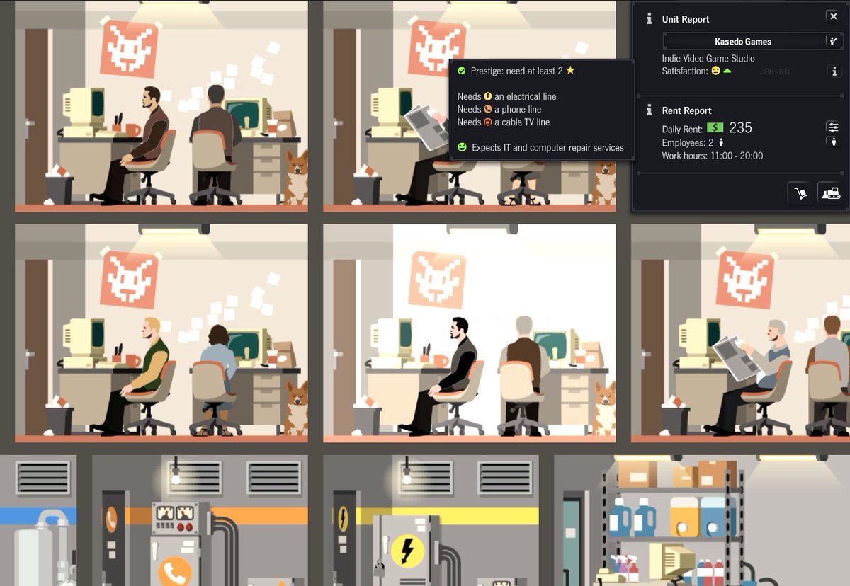 We've added #indiedev game studios to #ProjectHighrise for next week's London Life release! (And yes, that's a corgi sitting in the corner). store.steampowered.com/app/636502/Pro…