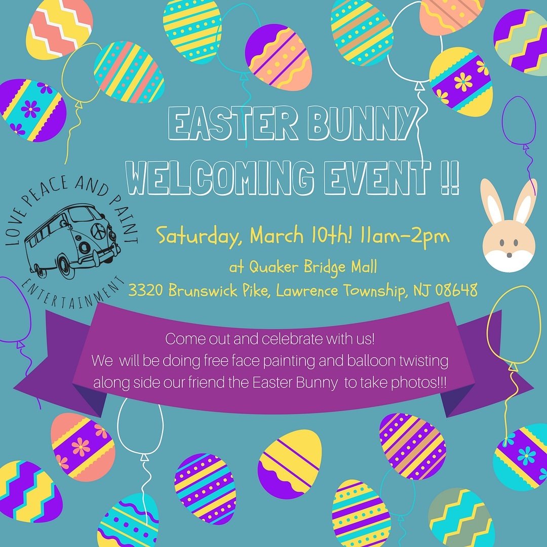 Free Fun Family-Friendly Easter Event !!! Be there or be square 😎🐰🎈🎨
.
.
.
#njentertainment #njevents #quakerbridgemall #NJ #easter #easterbunny #Princeton #Hamilton #facepaint #Balloons #mall #njlocal #njfun #bodyart #balloontwisting #centraljersey #Jerseyshore #mercercounty