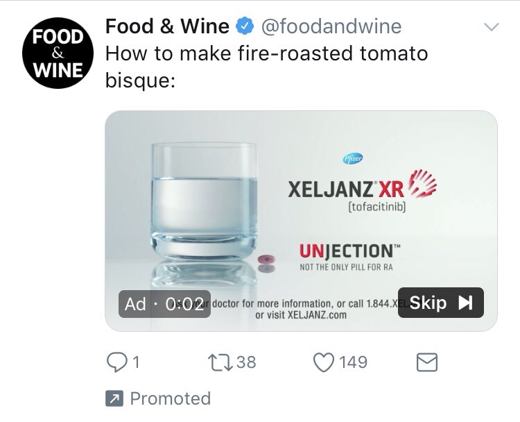 SantaCruzBlogs's tweet photo. @foodandwine Lol! @Twitter played a 40+ second ad for a drug company on top of your ad!!! #Adception @TwitterAdsHelp #Ad #Advertising #Fail Unless of course you guys are a secret front for a drug company 😆 https://t.co/wWWvjUu5HF
