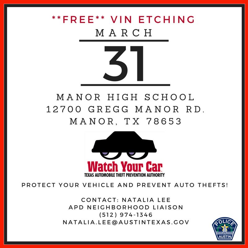 Austin_Police's tweet photo. Tomorrow's vehicle VIN etching event has been RESCHEDULED for March 31 due to inclement weather. We'll see you next month, folks!
#AustinPD #VINetching #ATXFreeEvents #AutoTheftPrevention https://t.co/RpCtoyS1cp