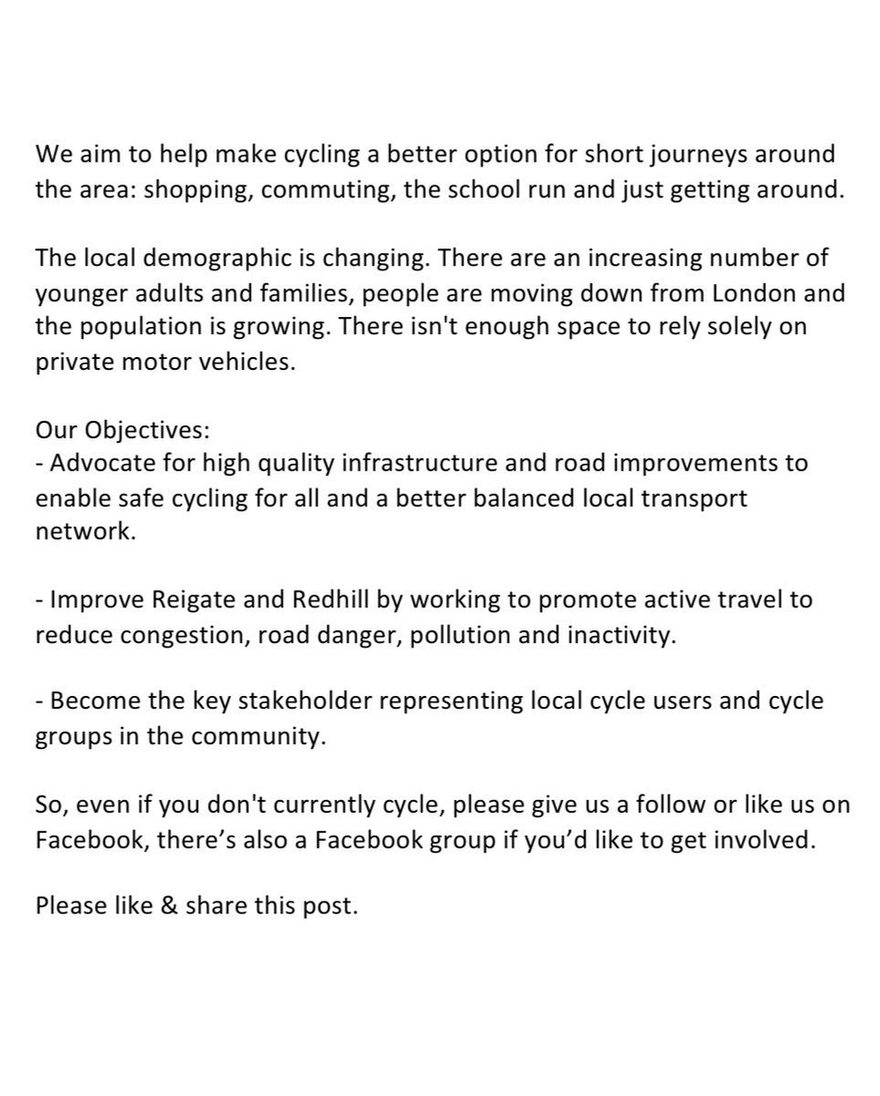 CycleRandR's tweet image. Hello, We're a new group set-up to work towards making cycling a safe and viable option to get around the Redhill and Reigate area. Please have a read, share this post and get involved.