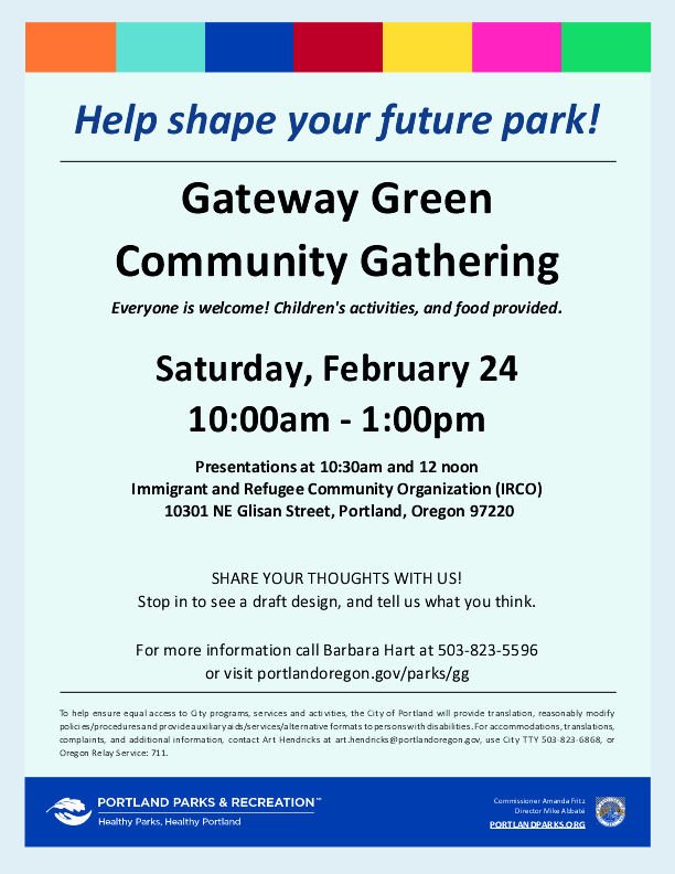 gatewaygreenpdx's tweet photo. Please join us tomorrow (Feb 24) at IRCO to see first draft of final design for build out of Gateway Green. https://t.co/VAIchekuao