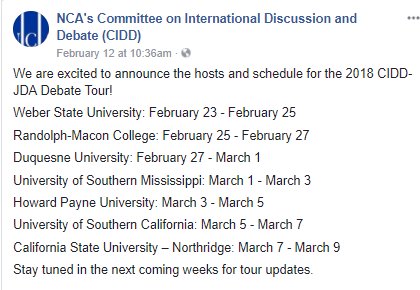 Today <a href="/WeberStateU/">Weber State University</a> welcomes the Japan Debate Association on the first stop of their American <a href="/CIDDtours/">NCA CIDD</a>.  Join us tomorrow in Elizabeth Hall 229 at 1:00 PM for snacks, refreshments and a great public debate with Weber State debaters on American military intervention in NE Asia.
