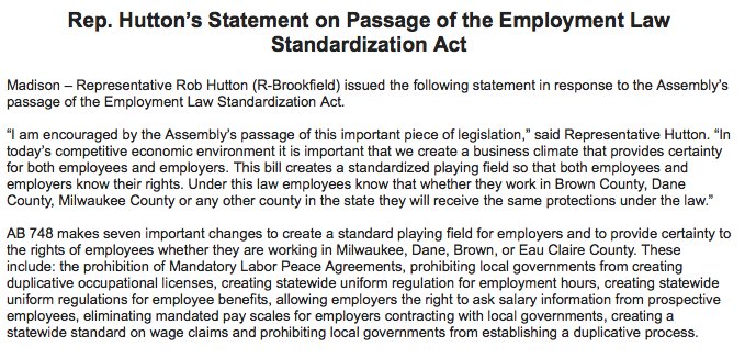 maciverwisc's tweet image. .@StateRepHutton reacts to the passage of the Employment Law Standardization Act:
    “In today’s competitive economic environment it is important that we create a business climate that provides certainty for both employees and employers."
#wiright #wipolitics