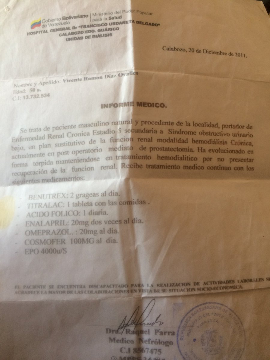 ElNacionalWeb's tweet image. #ServicioPúblico Se necesita con urgencia para paciente con insuficiencia renal en Barbacoas, Aragua, quien estuvo siete meses en diálisis. Benutrex, Titiralac, Ácido Fólico, Enalapril 20mg, Omeprazol 20mg, Cosmofer 100 mg y Epo 4000 u/S 0212-2033350