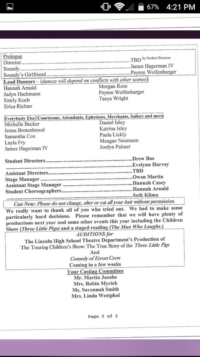 THEATREDEPT_LHS's tweet photo. The cast list for Comedy of Errors is up! Congrats to everyone!! See you all on Monday! https://t.co/8dKu7tW0rH