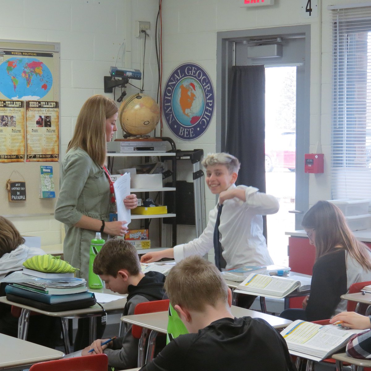NCHSteaching2's tweet photo. Miss.Wood teaching her first official lesson at Madison Junior High with her cooperating teacher Mr.Glogowski! #Inspire203 https://t.co/GpEx5OiEt8