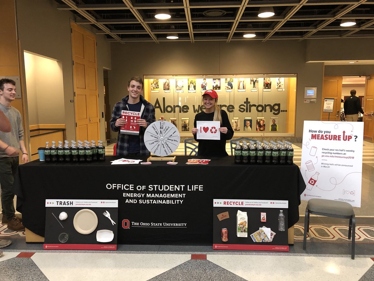 greenbuckeyes's tweet photo. Come visit us and our friends from Coca-Cola at the @ohiounion from now until 3pm for some awesome giveaways! #GreenBuckeyes #Recyclemania #MeasureUp2018 https://t.co/Z3SucRQGij