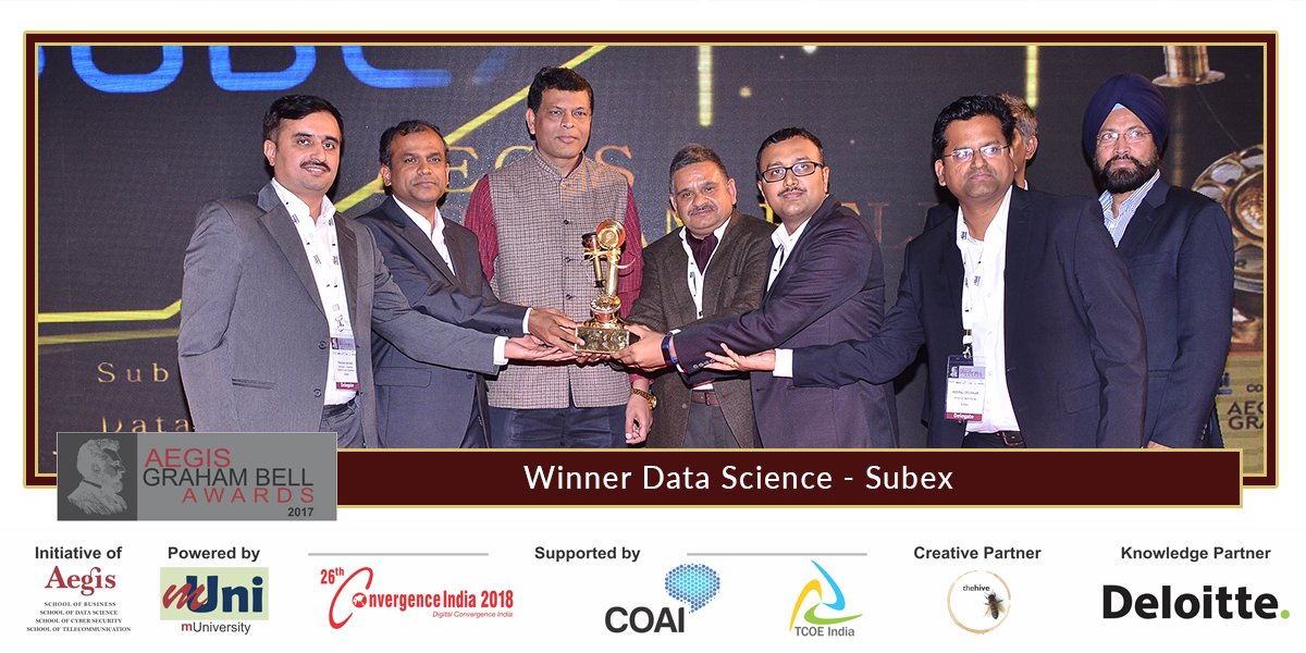 AegisGrahamBell's tweet photo. Aegis Graham Bell Awards 2017 Winner for under the category Data Science is Subex #AGBA #AGBA2017 @subex #DataScience https://t.co/qGjux4s3ea