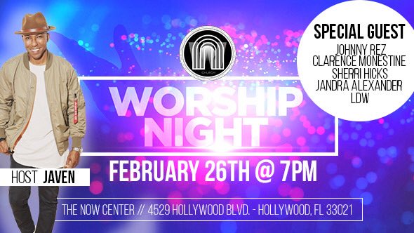 JavenOnline's tweet photo. Make plans to be in the building Monday Feb.26th for a NIGHT of WORSHIP @ #NOWCHURCH! One full night of #Worship #Music #prayer &amp; #praise! With special guests #artists &amp; #worshipLeaders this will be 🔥‼️See you there! @now.center @nowchurchfl #NOWLiving https://t.co/1sIXehR23O