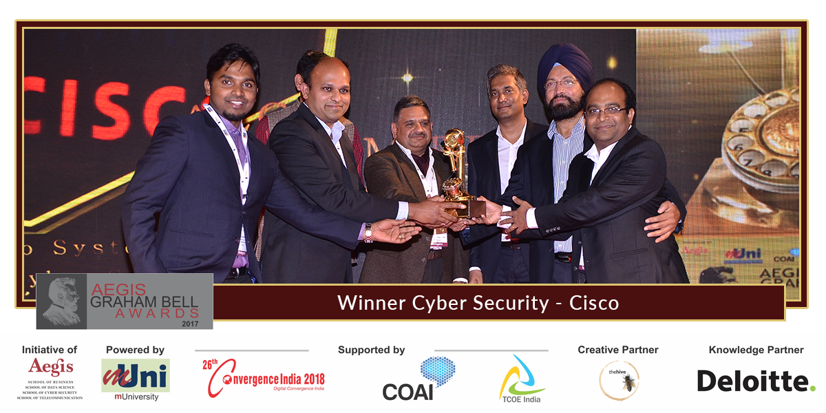 AegisGrahamBell's tweet photo. Aegis Graham Bell Awards 2017 Winner for under the category Cyber Security is Cisco #AGBA #AGBA2017 @Cisco @cisco_in @CiscoEnterprise #CyberSecurity https://t.co/yTrQaJTGvI