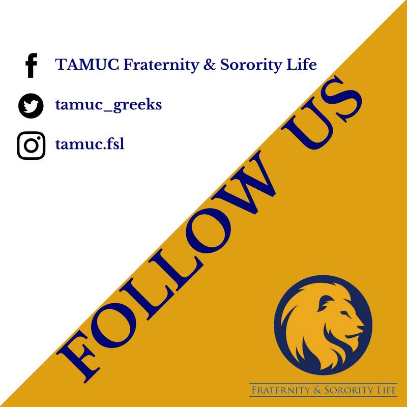 fslattamuc's tweet photo. Make sure to follow us on all or NEW social media to stay up to date with everything going on with TAMUC Fraternity and Sorority Life! #tamucFSL https://t.co/KWzKyuszVm